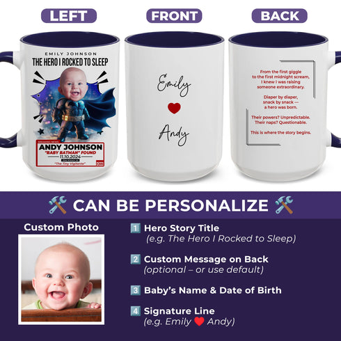 Custom Baby Batman Mug – “The Tiny Vigilante” Hero Story with Personalized Name, Photo & Quote for Mom